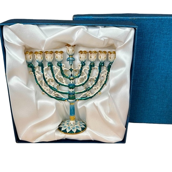 Menorah Hanukkah  Hand Painted Brass Enamel  NWB 6” By 6” Blue Teal Gold - Picture 7 of 16